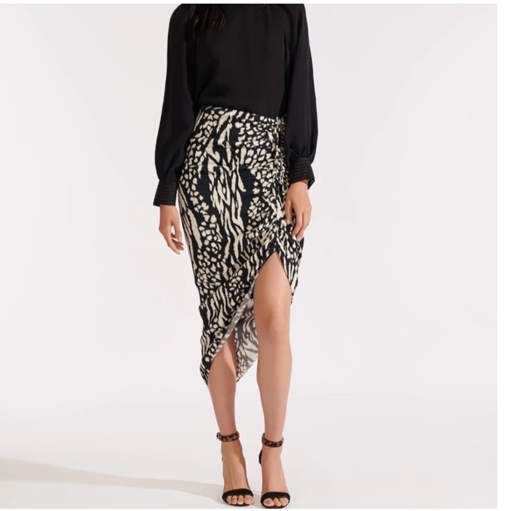 Veronica Beard Ari Skirt Zebra Print Ruched Asymmetrical‎ Midi Black 6 See Mmnts